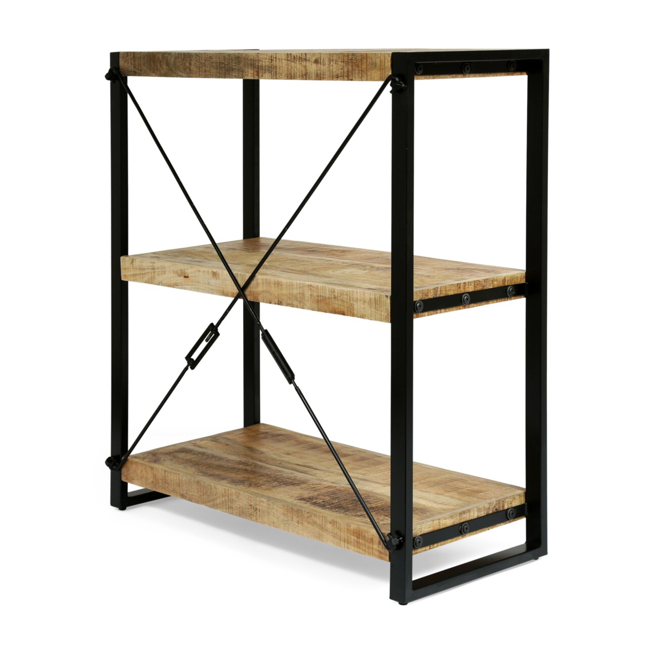 GDFStudio Warthen Brinkley Modern Industrial Handcrafted 3 Shelf Mango Wood Shelving Unit, Natural and Black